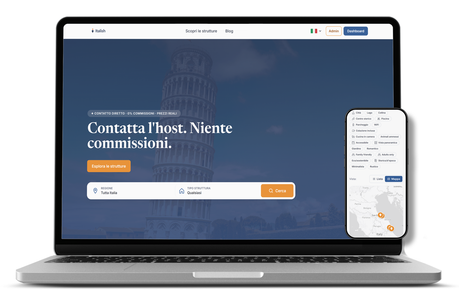 Italish — portale ricettività italiana, vista desktop e mobile