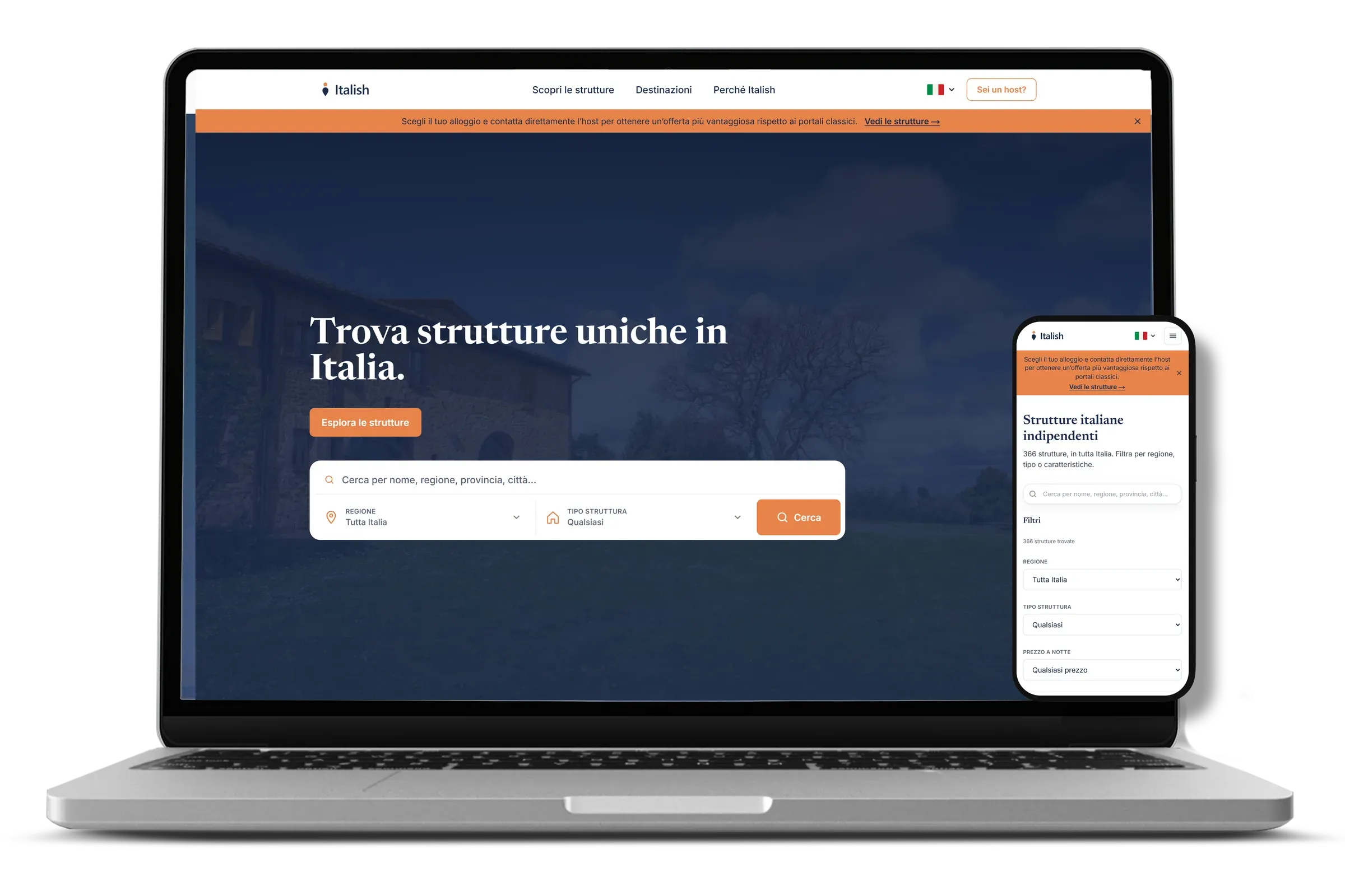 Italish — portale multilingua per strutture ricettive italiane, vista desktop e mobile